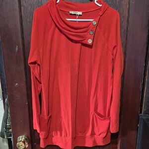 Elegant Red Cowl Neck Sweater with Button Accents